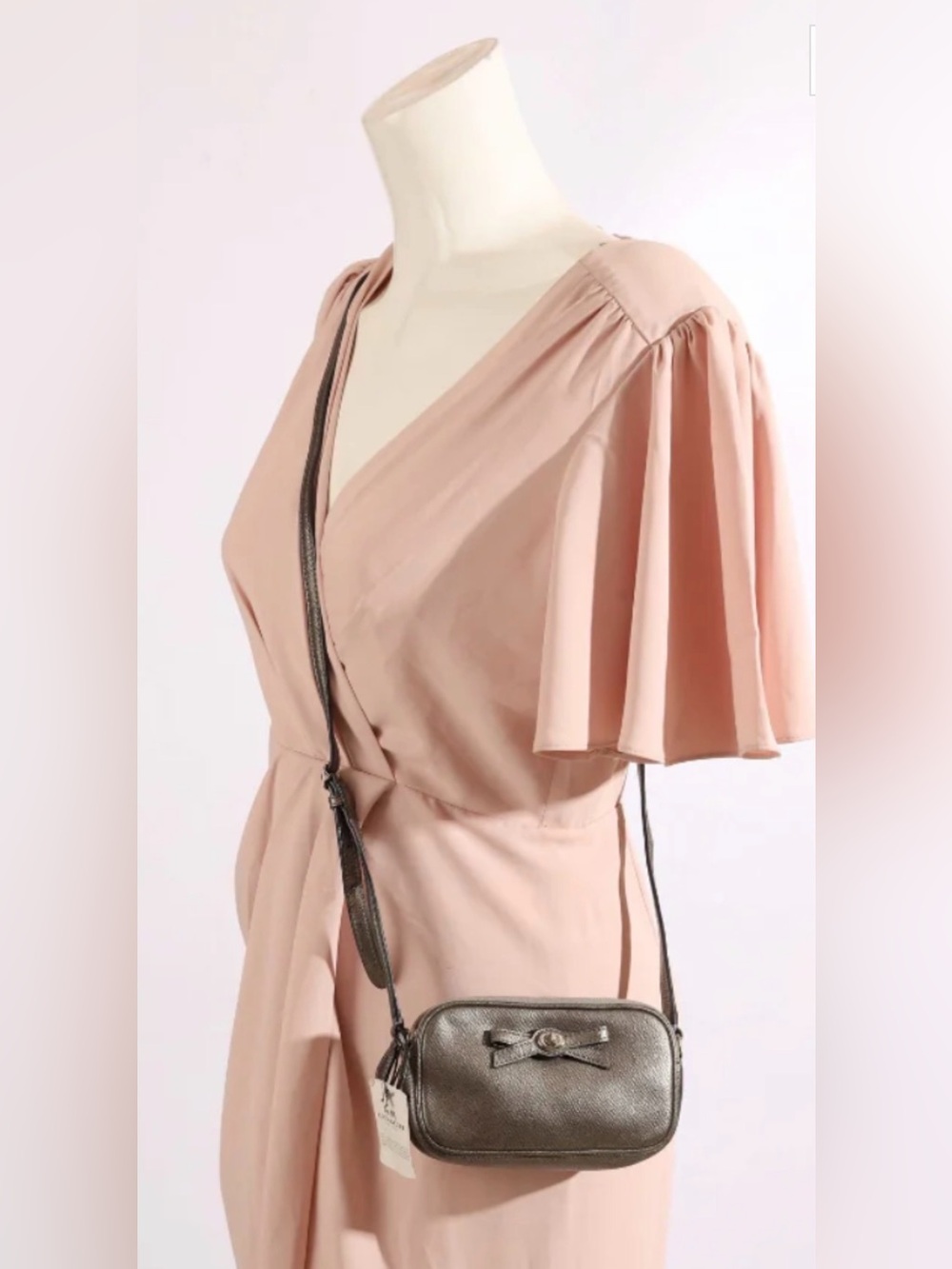 •COACH•METALLIC GUNMETAL GRAY SADIE TURNLOCK BOW MINI LEATHER CROSSBODY BAG